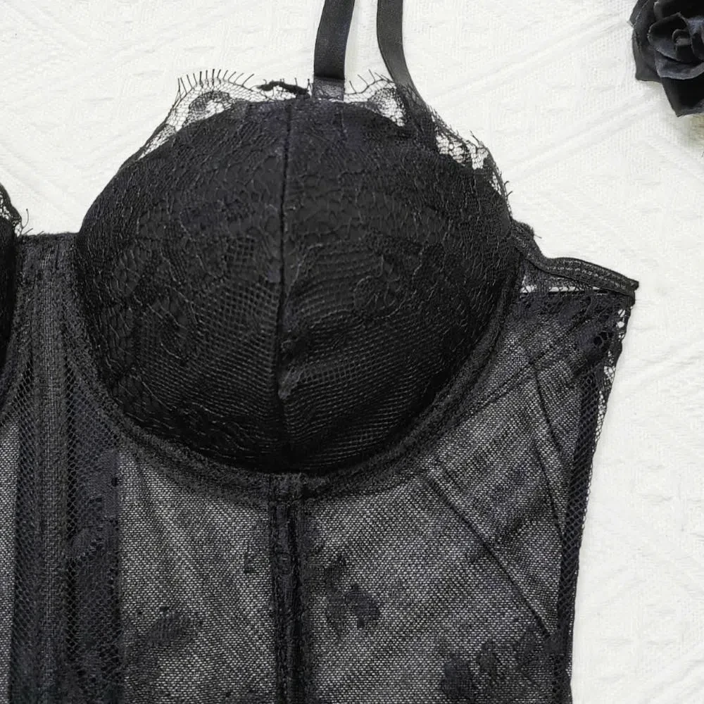 أزياء عظم السمك ملفوفة الدانتيل بروتيل الظهر الصدر مشبك جوفاء المحاصيل قمم شفافة سليم صالح الدانتيل مشد الربيع الصيف