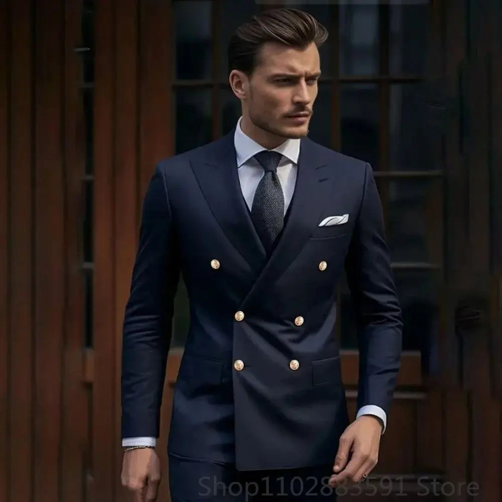 

Navy blue double-breasted two-piece fashion business casual wedding party tuxedo solid men's suit elegant high-end