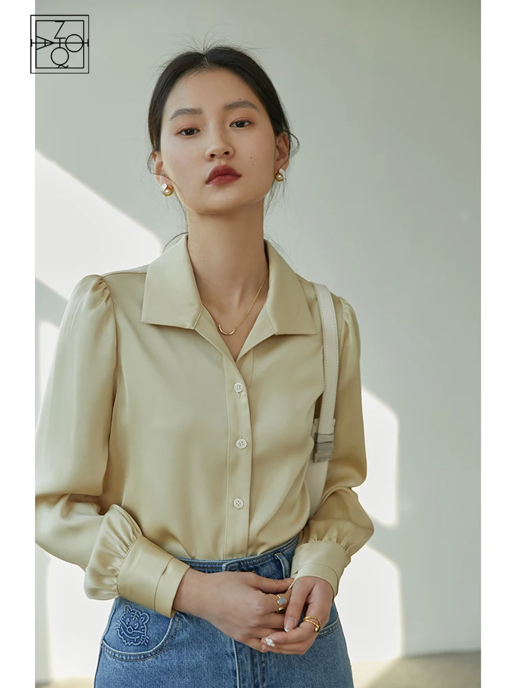 ZIQIAO 2022 Early Spring New Women Tops Elegant Sweet Blouses Turn-down Collar Long Sleeve Lace Up Shirts Korea ファッション