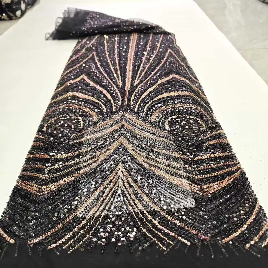 

Luxury African Sequins Beaded Lace Fabric High Quality Lace 5 Yards French Lace Fabric Nigerian Lace Fabrics For Party