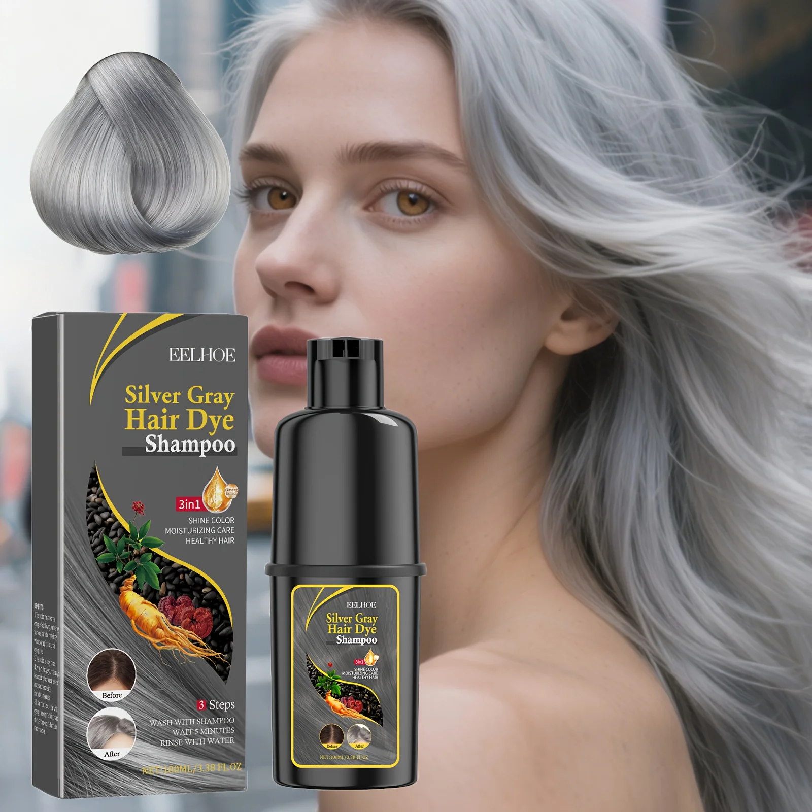 Champú para teñir el cabello gris plateado, Color Natural, coloración rápida, tonificación duradera, bloqueo de humedad para rizos voluminosos sin daños