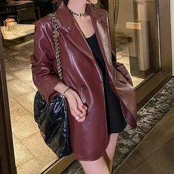 High end design explosion street retro Angora red PU leather suit loose Hong Kong style leather jacket women's top