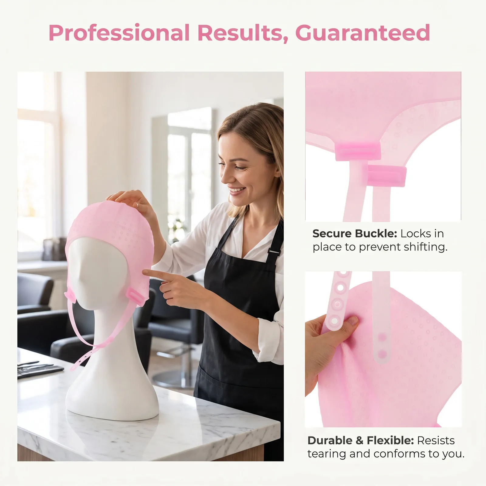 Hair Highlighting Cap Pink Silicone Frosting Cap Adjustable Buckle Stable Anti-Shifting Hook Salon Hair Coloring Accessories