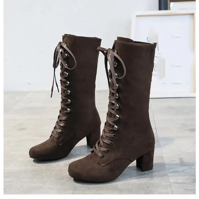 2023 Black Boots Women Shoes Knee High Women Casual Vintage Retro Mid-Calf Boots Lace Up Thick Heels Shoes