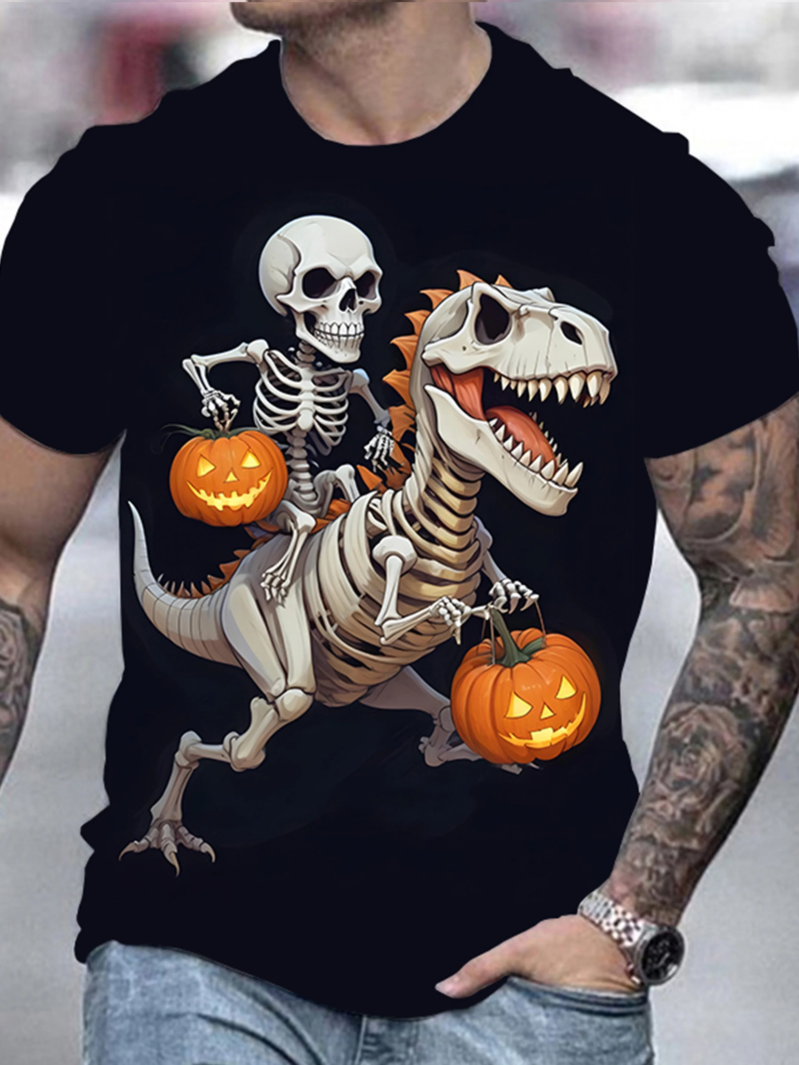

Skeleton Riding Dinosaur Halloween Graphic Tee Men Casual Crew Neck Cotton T-Shirt Trip Apparel