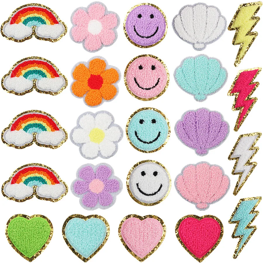 Iron on Patches Flower Rainbow Shell Heart Smile Patch Lightning Towel Embroidery Patch for Jacket bag Decoration