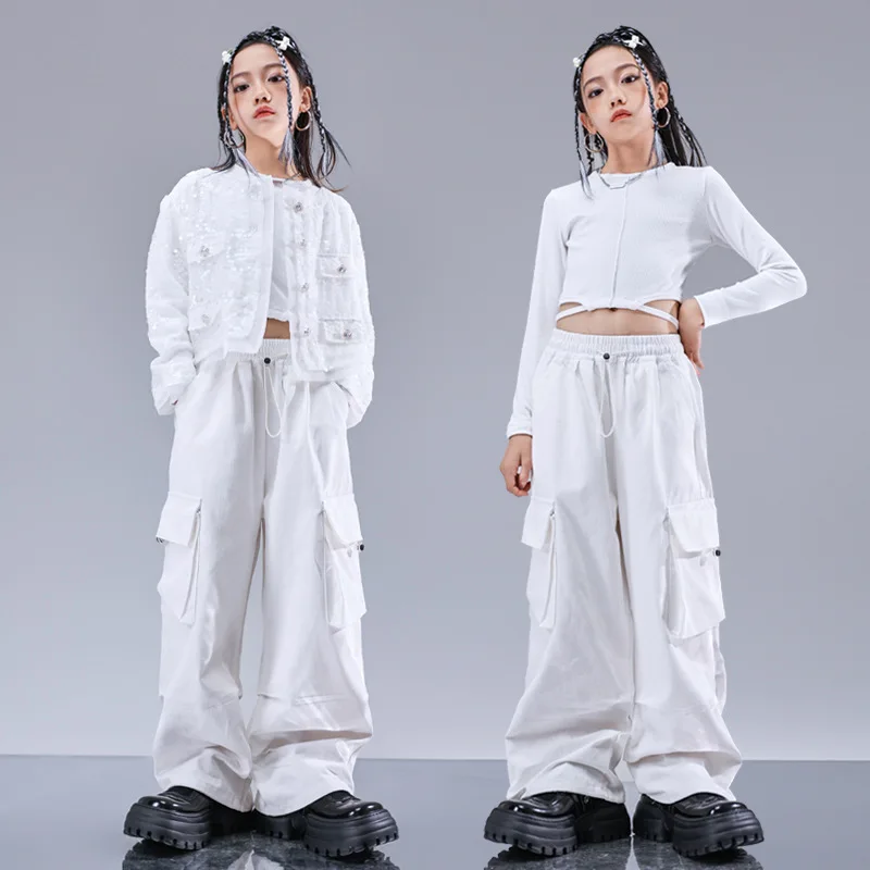 Teenager Kids Group Hip Hop Dance Performance Outfits Loose White Sequin Design Girls Jazz Walkout Clothes Set 10 12 13 14 Years