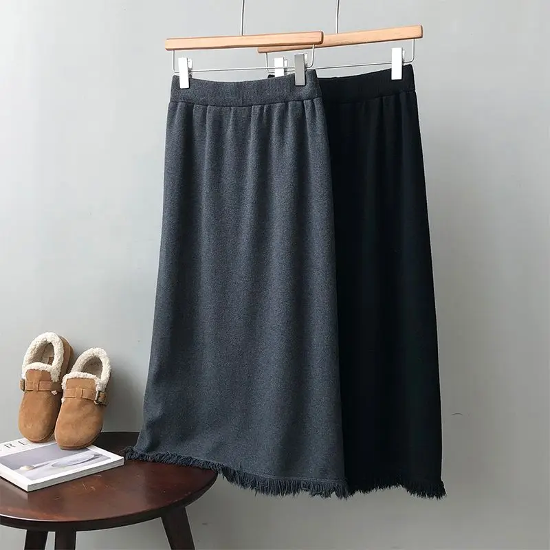 Women Clothing Simplicity Solid Color High Waist A-line Skirt Autumn Winter Casual Korean Tassel Slim Elastic Waist Skirts Warm