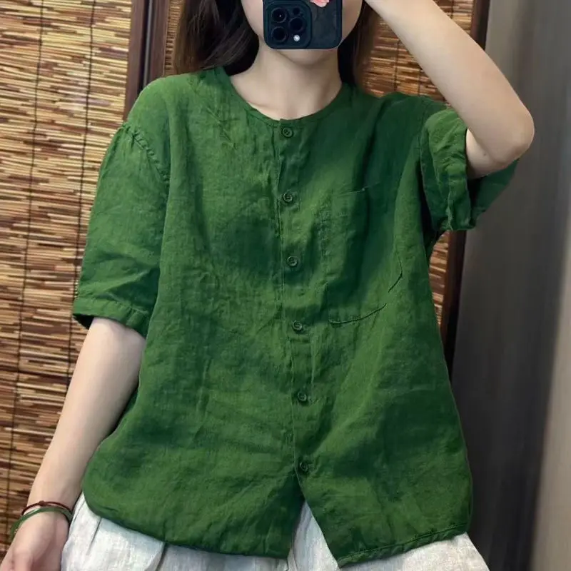 Women Summer Simplicity Loose Elegant Cotton and Linen Solid Color O-neck Short Sleeve Shirts Ladies Casual All-match Thin Tops