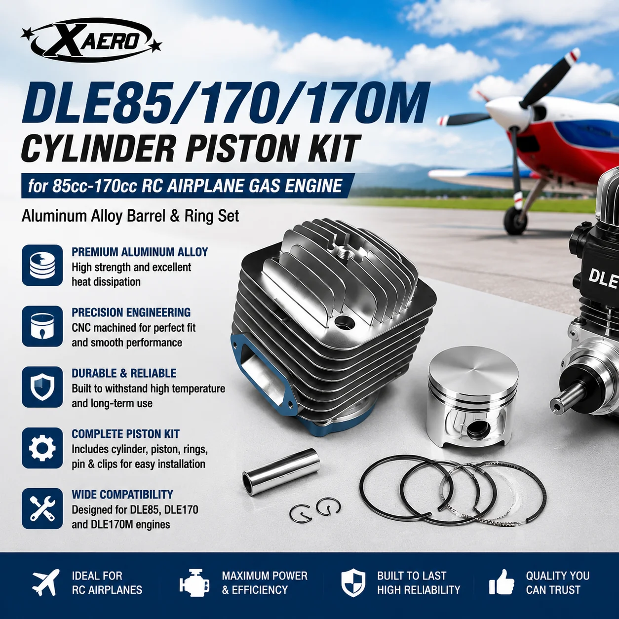 DLE85 DLE170 DLE170M Cylinder Piston Kit, 85cc-170cc RC Airplane Gas Engine Parts, Aluminum Alloy Barrel & Ring Set