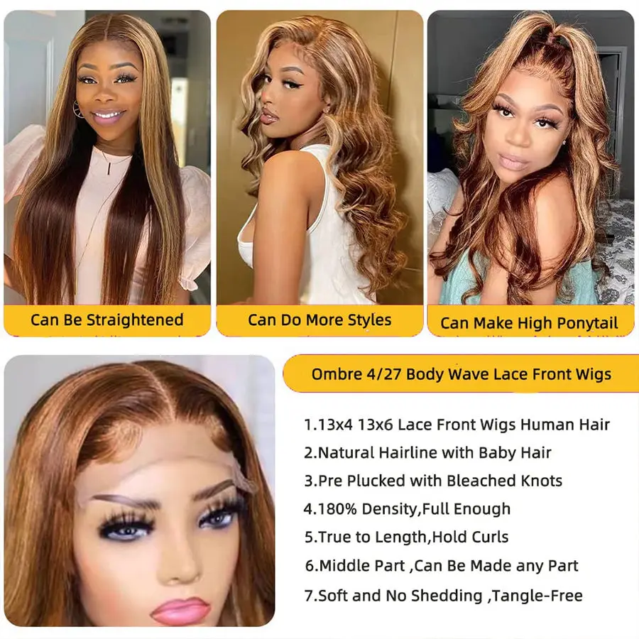 Highlight Wig Human Hair Straight Lace Front Human Hair Wig Honey Blonde Ombre P4/27 Colored Lace Front Wigs For Women