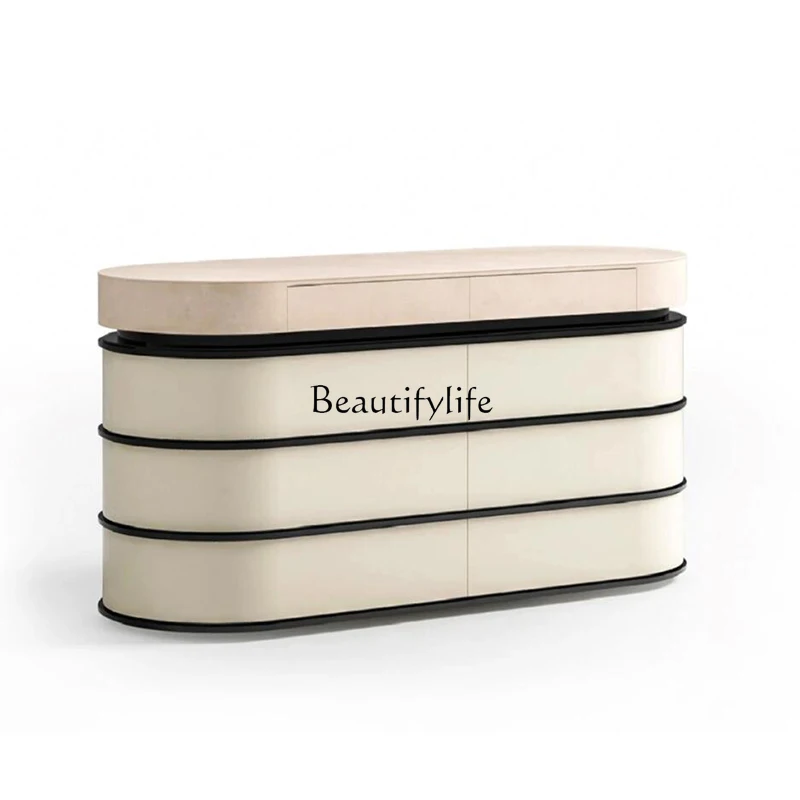 

Italian minimalist solid wood chest high-end oval living room storage cabinet