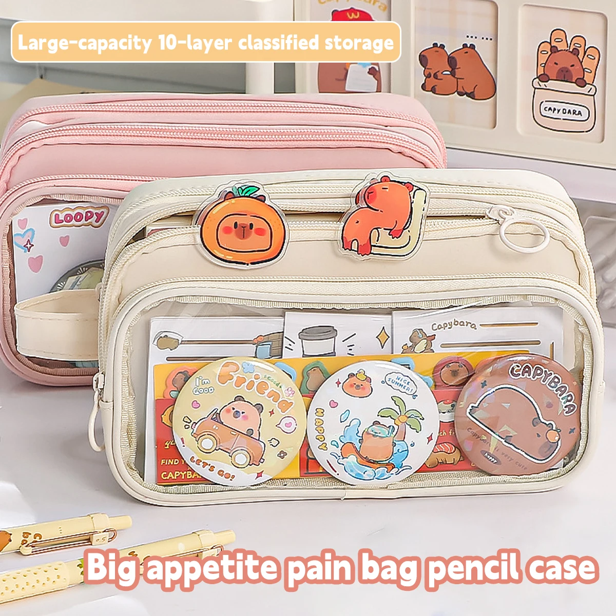 Capybara Federmäppchen mit großem Fassungsvermögen für Jungen und Mädchen, Grundschüler, gut aussehende Schreibwarenbox im INS-Stil