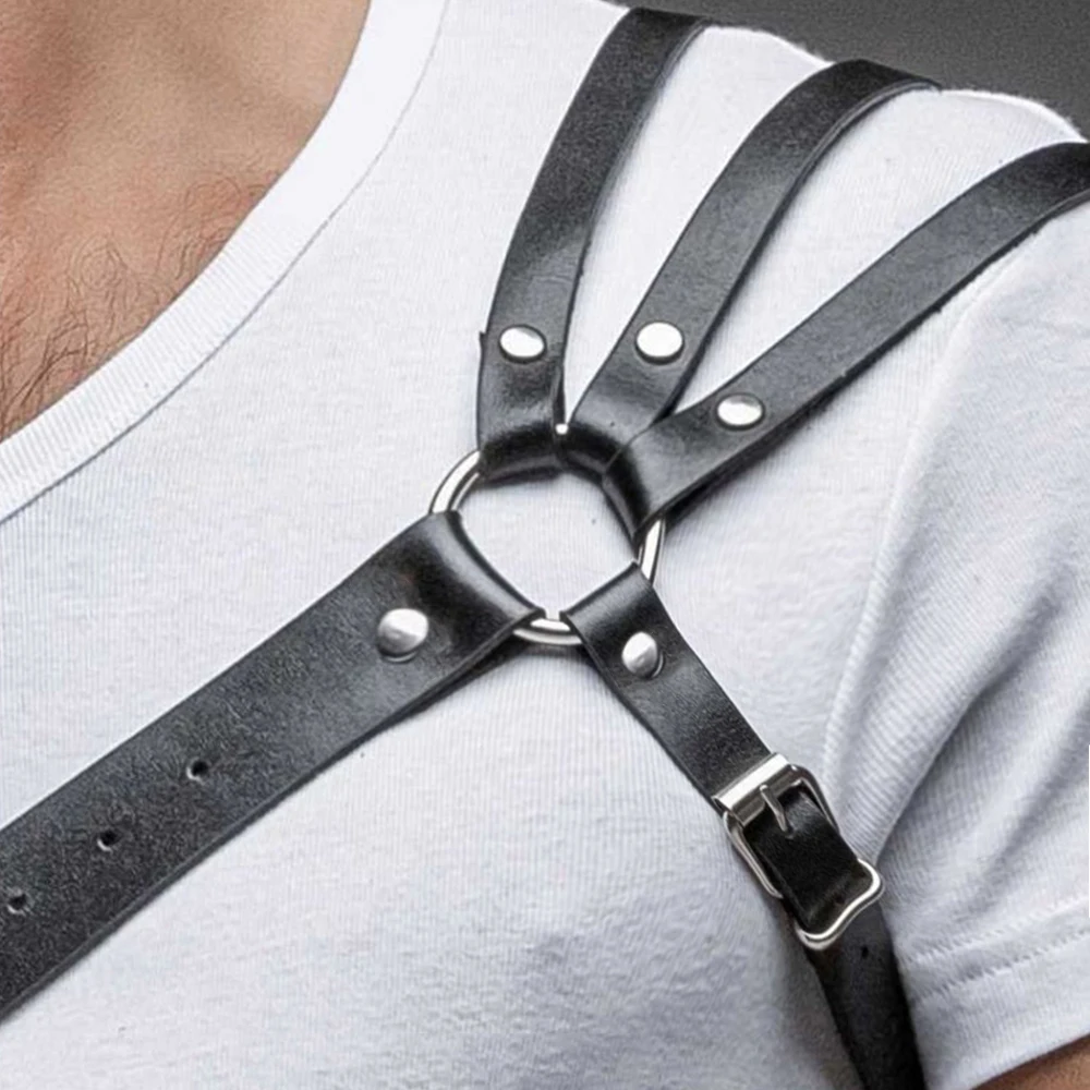 One Shoulder Men\'s Harness PU Leather Gay Men Chest Harness Bondage Black Leather Men Accessories Upper Erotic Body Men Harness