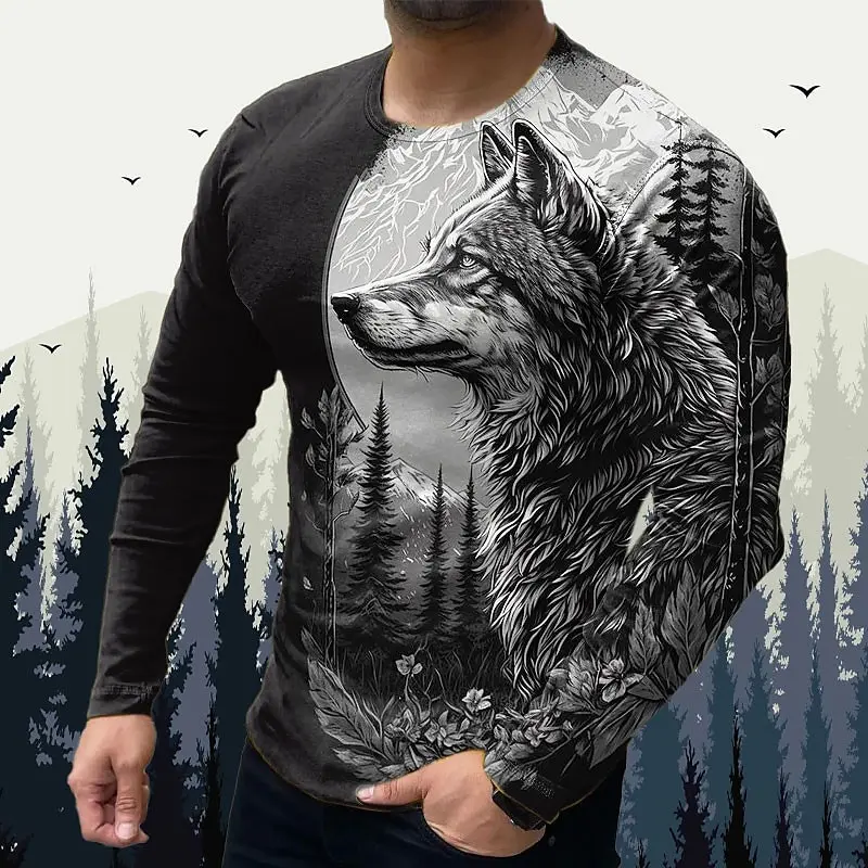 

Funny 3D Wolf Print Men's T Shirt Street Trend Harajuku Vintage Clothes Casual O-neck Long Sleeve T-shirt Fashion Loose Men Tops