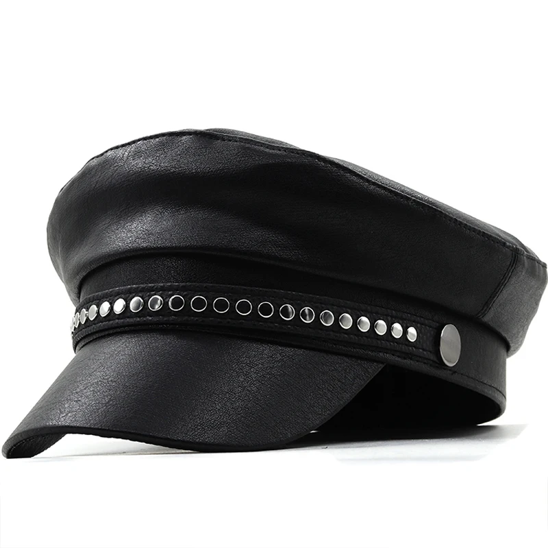 New Women Ladies Autumn Winter Beret Hat PU Leather British Style Flat Top Octagonal Cap Adjustable Female Hip Hop Hat