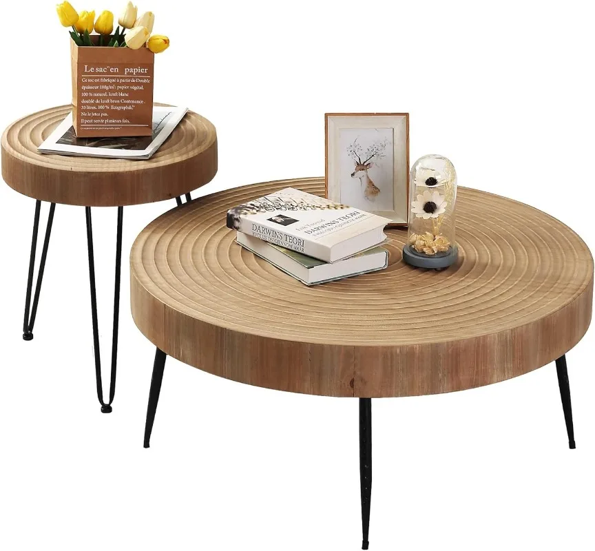 

Farmhouse Round Coffee Table Set of 2, Cocktail Table Set, Modern Circle Natural Wood Finsh Side and End Table Sets for