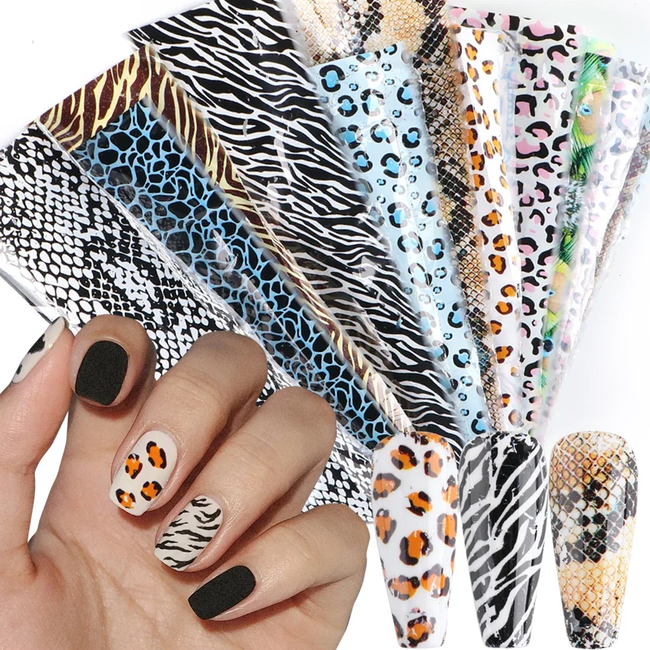 10pcs Leopard Print Nail Tranfer Foils Mixed Zebra Snake Print Stickers Sexy Animal Pattern Nails Art Starry Sky Papers BECQ917