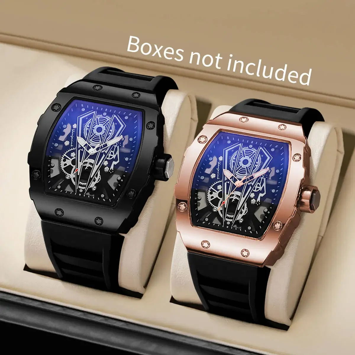 Relógio de quartzo masculino com design vazado em formato de barril Richard, pulseira de silicone, relógio esportivo com calendário para negócios.