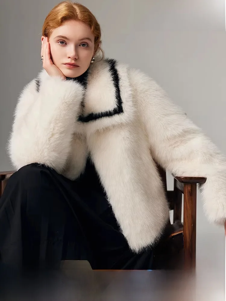 

Young Women's Fur Coat Whole Skin Belly Fur Contrast Color Eco-friendly Simulation Fur Long Sve Korean Sle Commute Wind