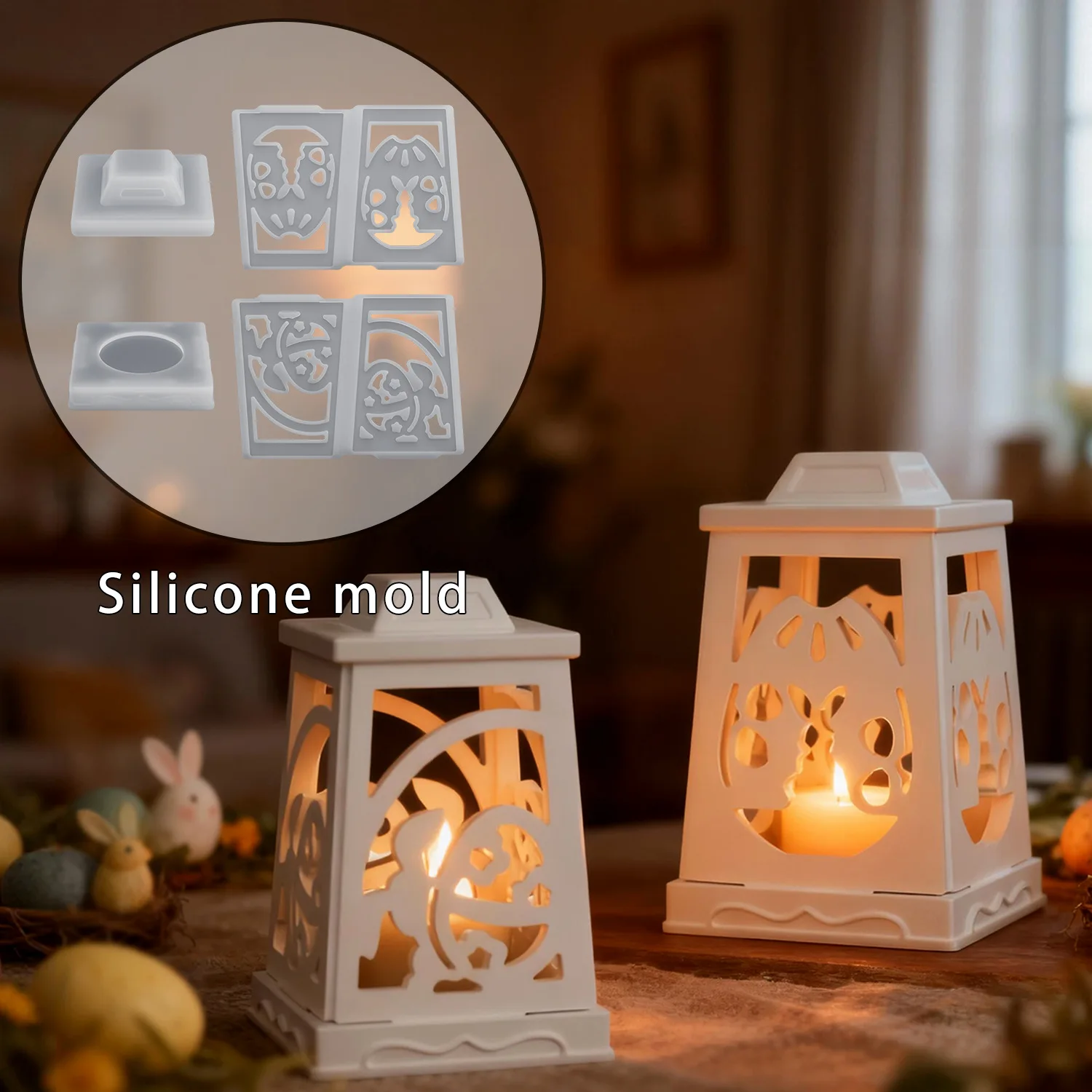 DIY Ostern Hohl Laterne Nachtlicht Harz Form Kaninchen Ostern Ei Kerzenhalter Silikon Form Desktop Lagerung