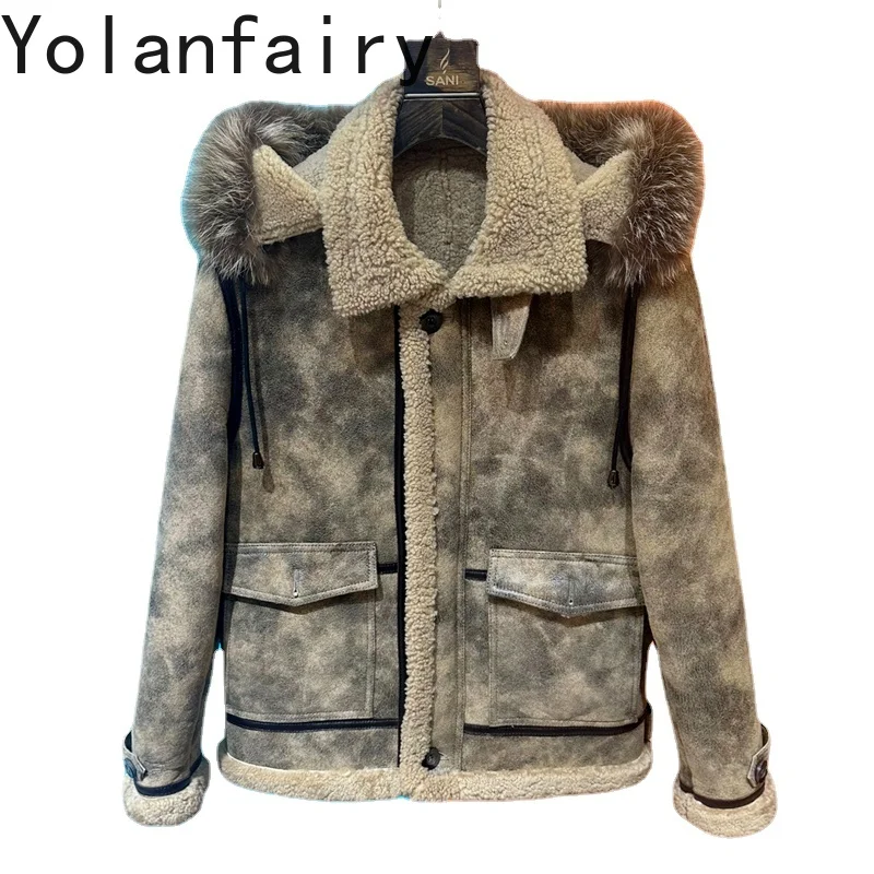 Hooded Fur Coat Men's Genuine Leather and Fur Jacket Short Style Original Natural Sheep Fur Clothes Men Winter Casual Jackets FC