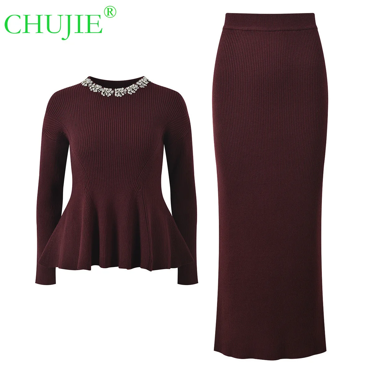 

CHUJIE 2025 Autumn Winter New Luxury Diamond Embellished Round Neck Slim Fit Ruffled Top + Bodycon Skirt Set