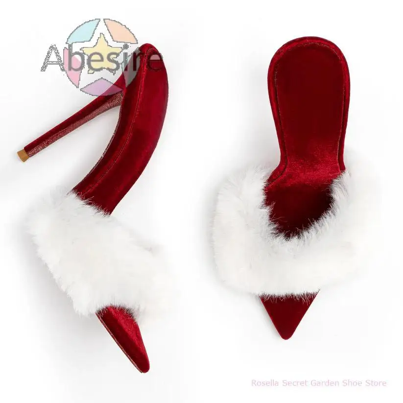 New Women's Custom Handmade Styles Sandals Dress Stiletto Slip On Shoes Thin High Heels Wide Fit Fluffy Fur Mules Party