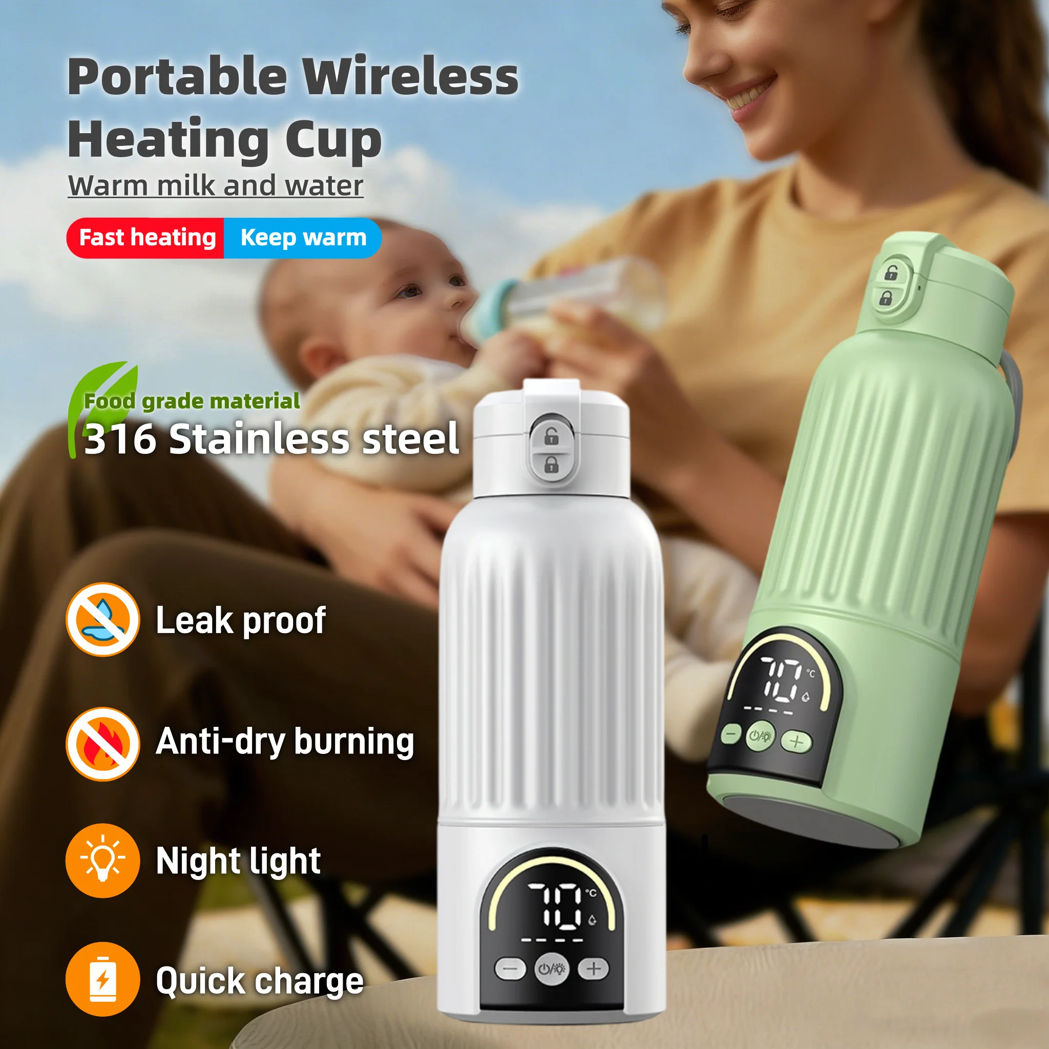 Scaldabiberon Portatile Wireless Ricaricabile, Bottiglia Termica a Riscaldamento Rapido con Ricarica Veloce per Neonati 500ML