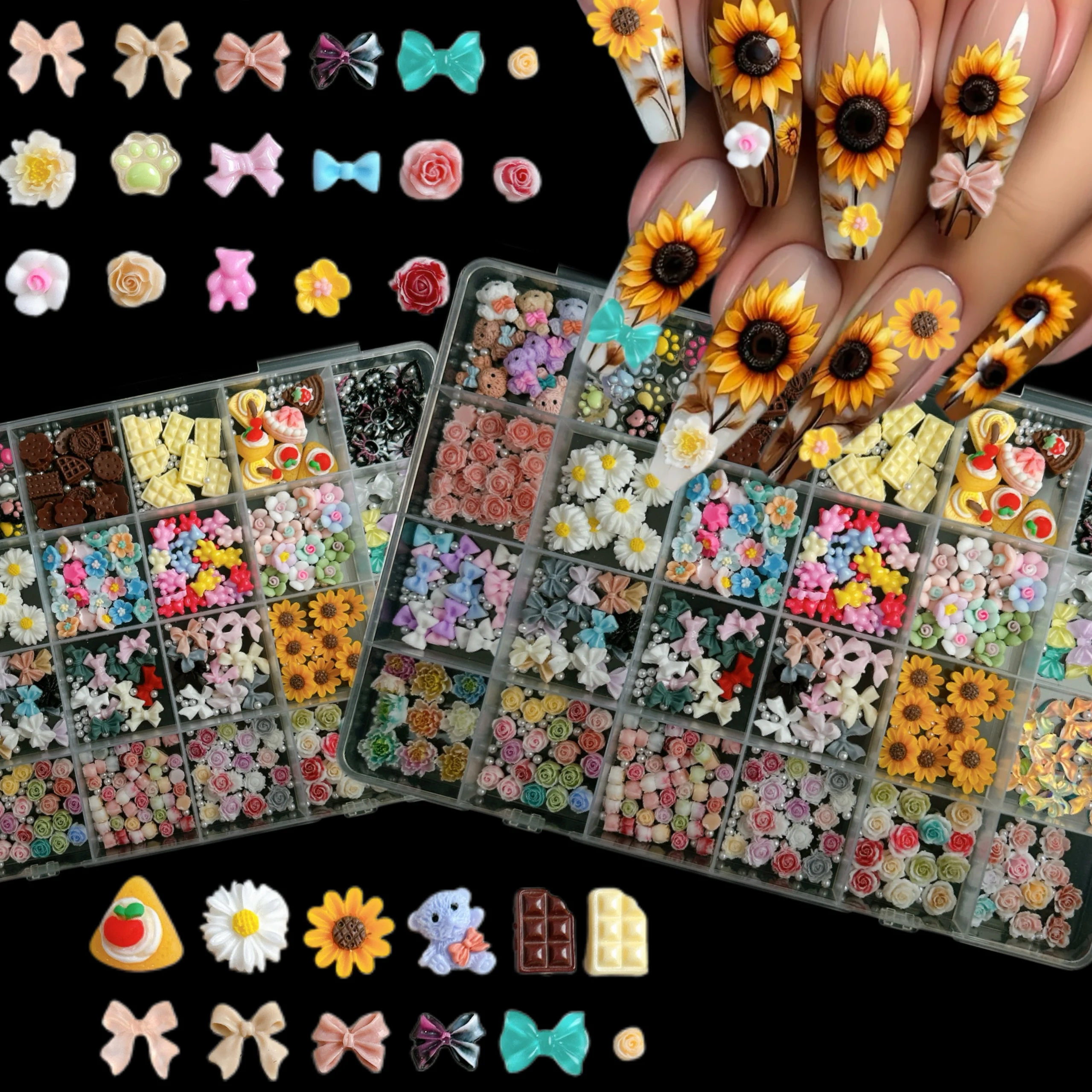 

1Box Minimalist Ribbon Bow Tie Resin Nail Art Decorations 3D Colorful Flowers Simulated Sunflower Cake Nail Charms DIY Nail Sets