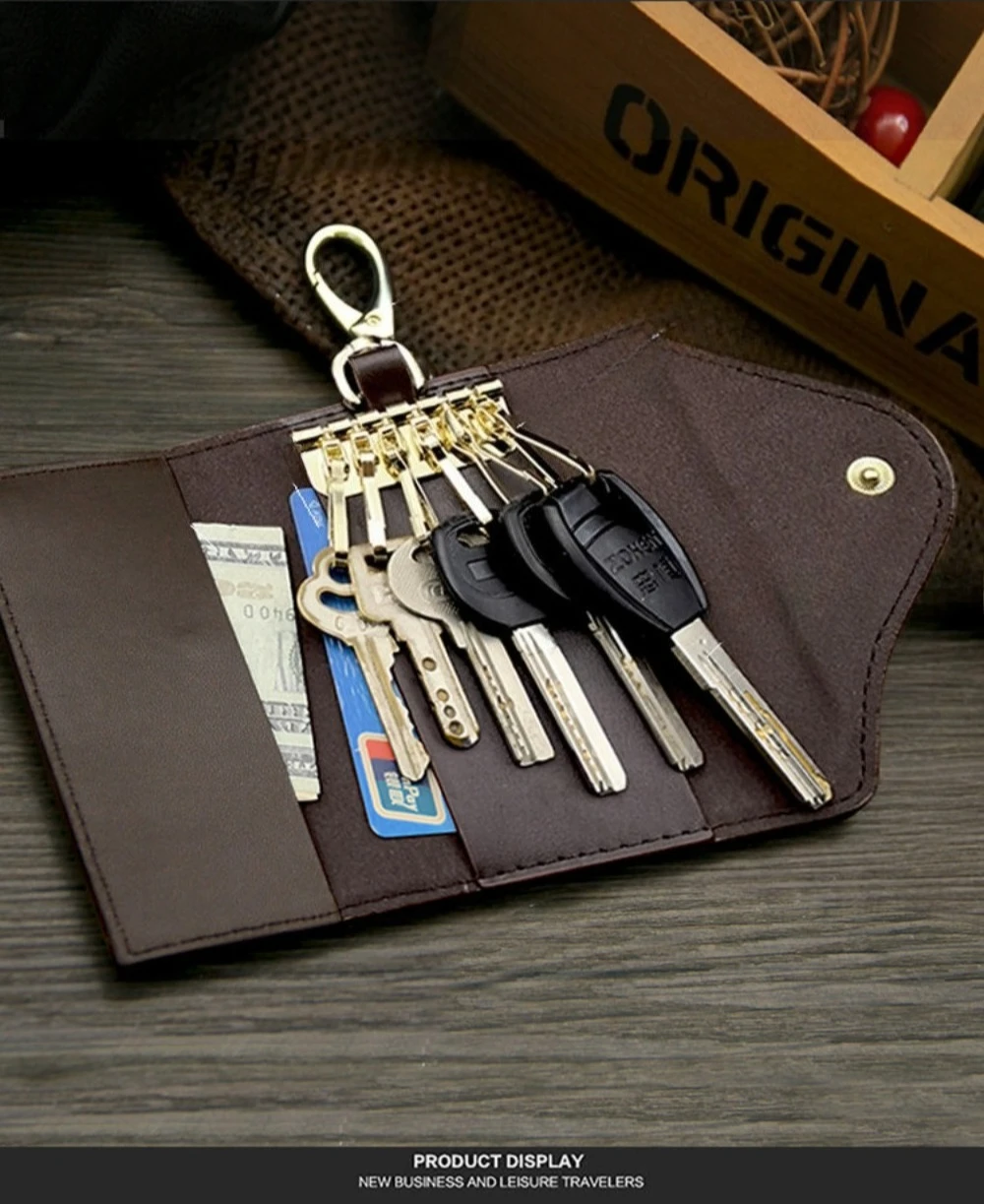 Classic circle printed canvas key case with cowhide edging and keychain, unisex Oxford cloth car key case