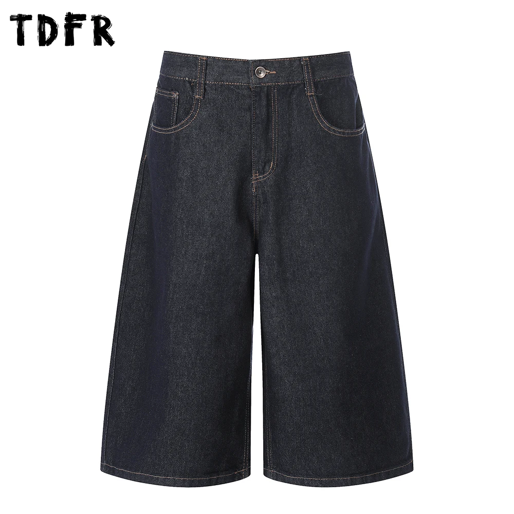 

Solid Color Retro Denim Shorts Mens Summer Casual Straight Baggy Wide Leg Raw Short Jeans Man