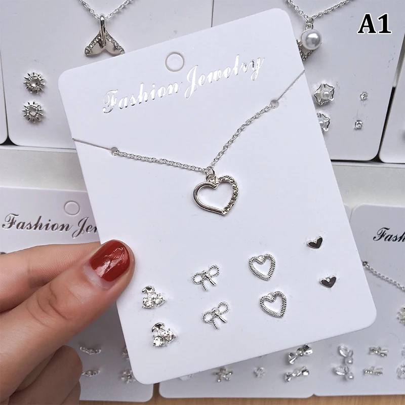 1set Trendy Zircon Pendant Necklace with 4 Pairs Stud Earrings Fashion Jewelry Set Simple Silver Color Clavicle Chain Ear Stud image 5
