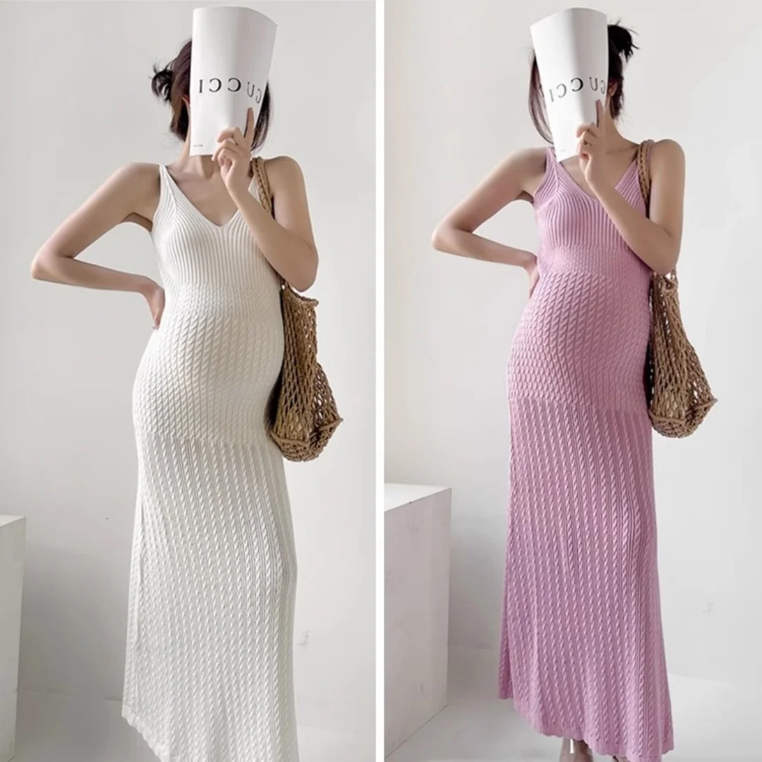 Pregnant Woman Strap Drss 2026 New French Style Maternity Dress V-neck Knitted Cami Dress Slim Inner Wear For Summer Holiday