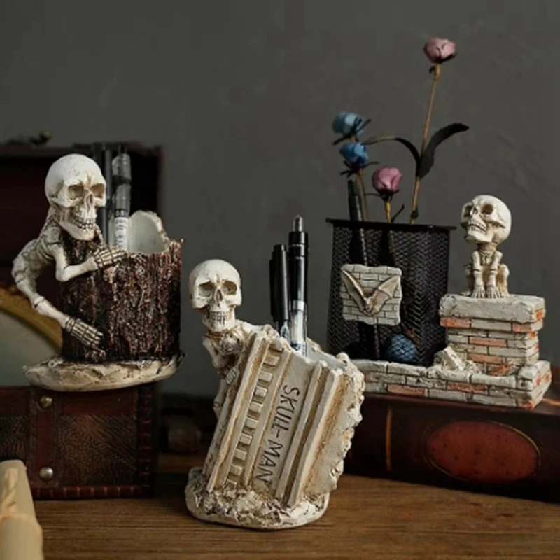 استمتع بفرشاة الماكياج الجديدة حامل الهالوين الهيكل العظمي الراتنج تمثال قلم رصاص الحاويات حامل سطح المكتب القرطاسية المنظمون للأقلام