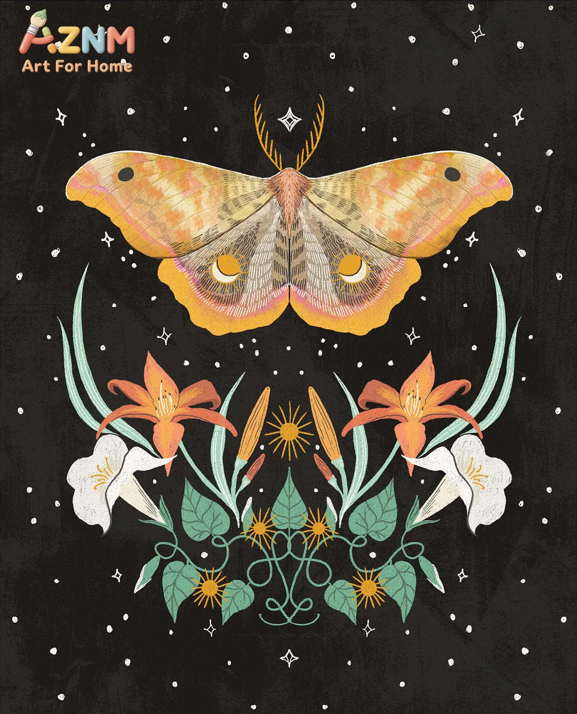 AZNM, Mystic Moth Butterfly Botanical Canvas Wall Art, 2D Flat Frameless Print, Witchy Moon Floral Vintage Painting, Home Wall D