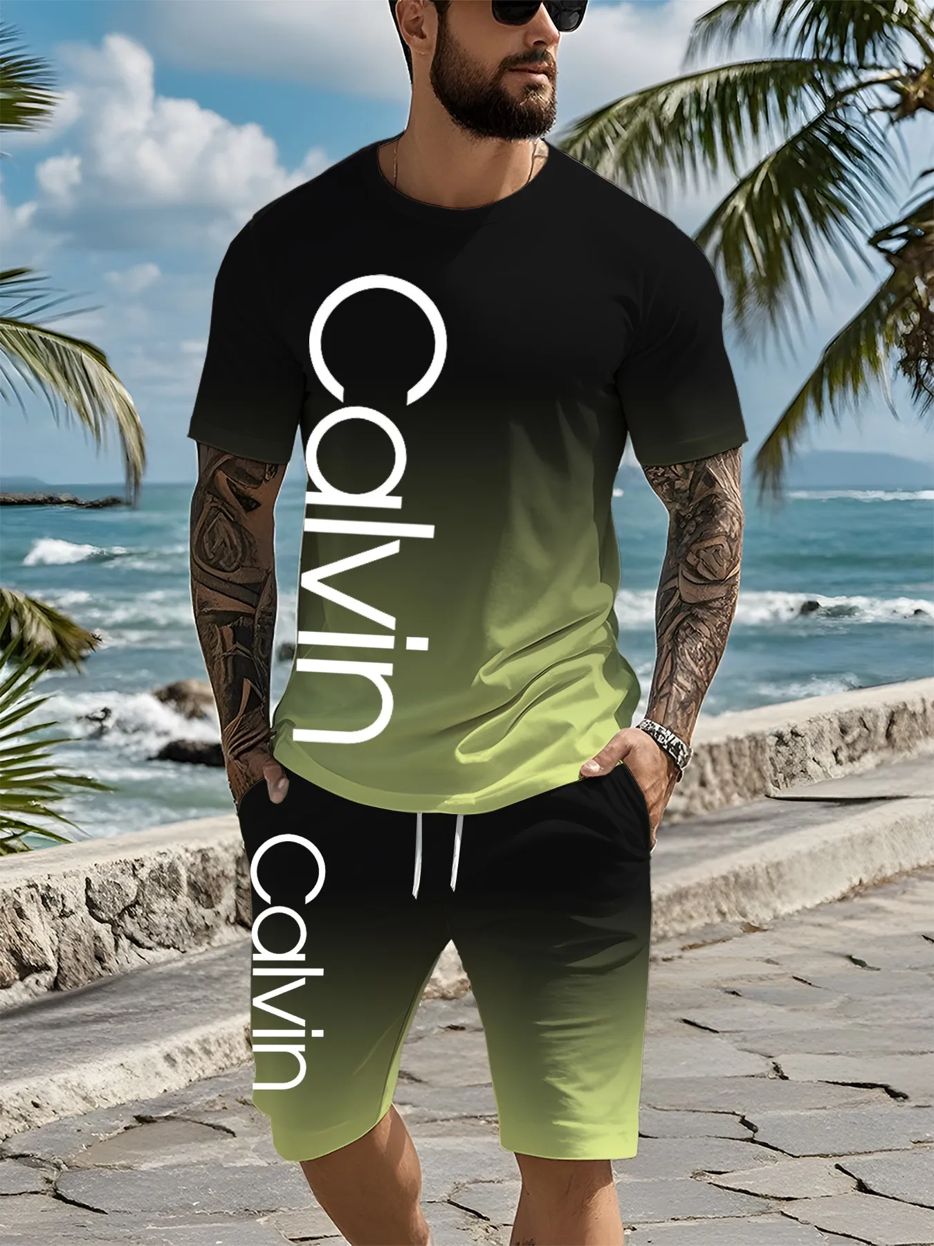 Conjunto de dos piezas para hombre de verano 2025, novedad de verano, pantalones cortos deportivos de moda para sudar, pantalones cortos de manga corta, conjunto estampado para hombre Me All transpirable S