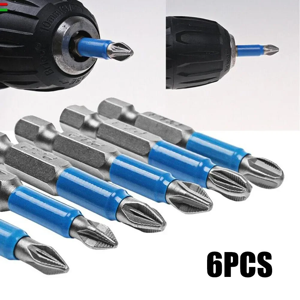 6Pcs Non-Slip Magnetic Screwdriver Bit Set 50mm 1/4 Hex Shank Phillips/Cross Head Screwdriver Drill Bit PH1/PH2/PH3/PZ1/PZ2/PZ3