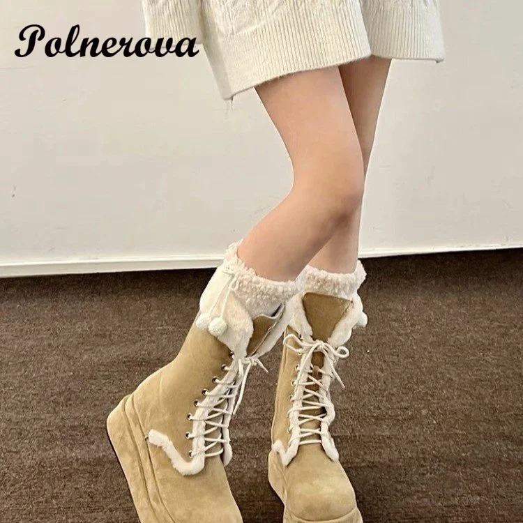 Thick Platform Snow Boots Women Winter Warm Furry Boots Faux Fur Fashion Mid Calf Lace Up Boots Casual Comfortable Shoe Female