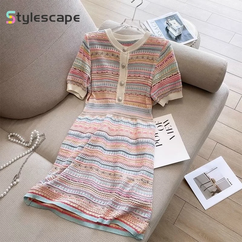 

Large Size Summer Women's Short Sleeved Knitted Dress with Ice Silk Hollow Stripes, Slim Fit, Vacation Style A-line Dress