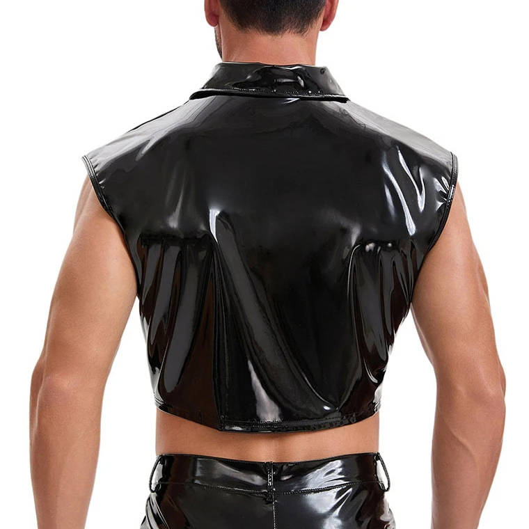Men Zipper Sleeveless Vest Sexy Punk Rave Style Turn-down Collar Crop Tops Wet Look PVC Leather Pocket Waistcoat Party Clubwear