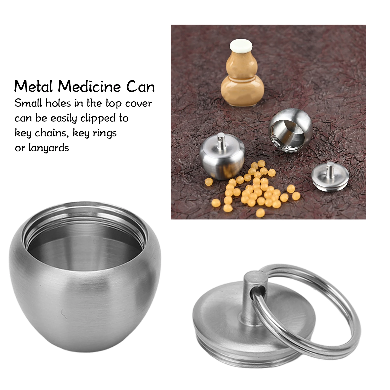 Mini Medicine Jar Anti Slip Stainless Steel Pill Case Keychain Pendant for Cinnabar for Buddhist Scriptures for Safety Charm