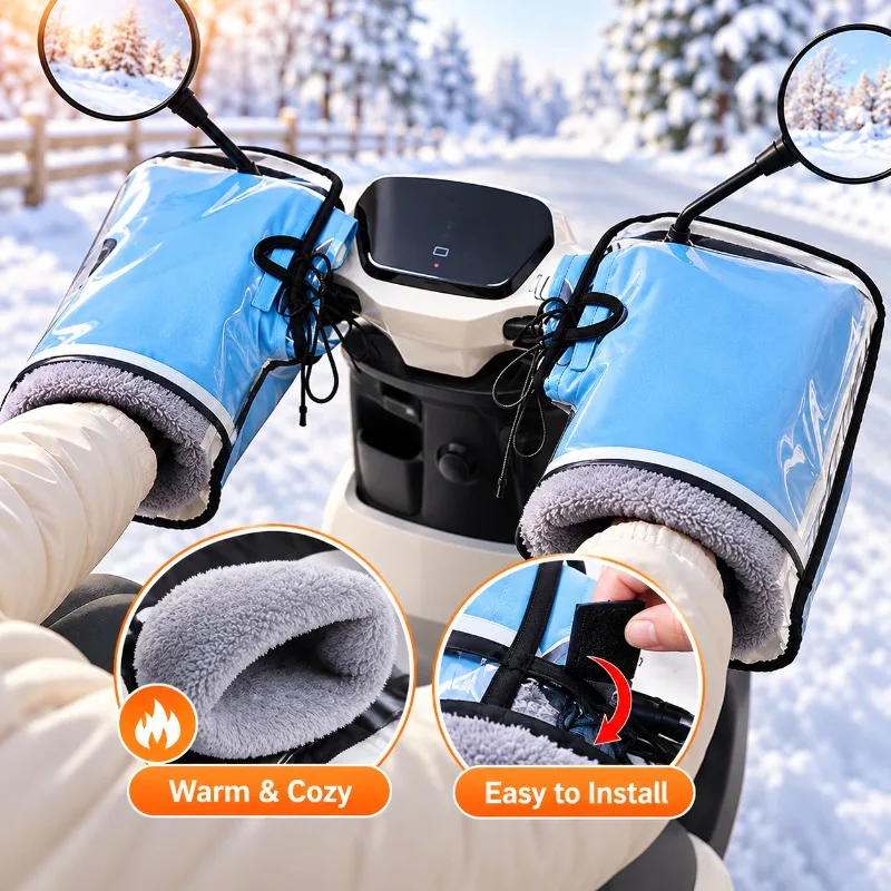 Winter Motorcycle Handlebar Mitts, Fleece-Lined Covers for Electric Bikes, Scooters and Mopeds, Clear Weather Cover, 2-Piece Set