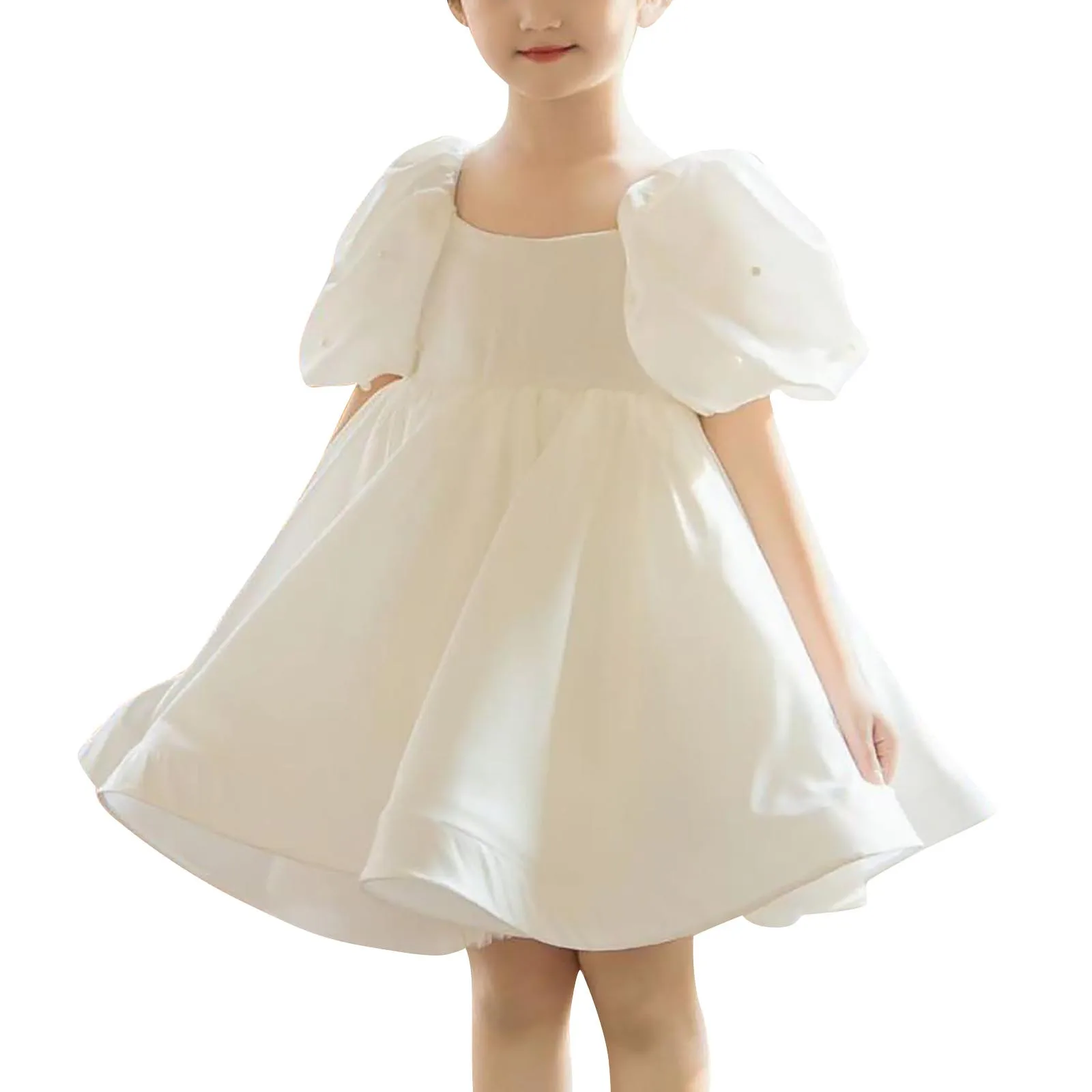 Summer Cute Girls White Princess Dress Mesh Puffy Short Sleeve Dress Toddler Kids Birthday Party Dress Performance Costume