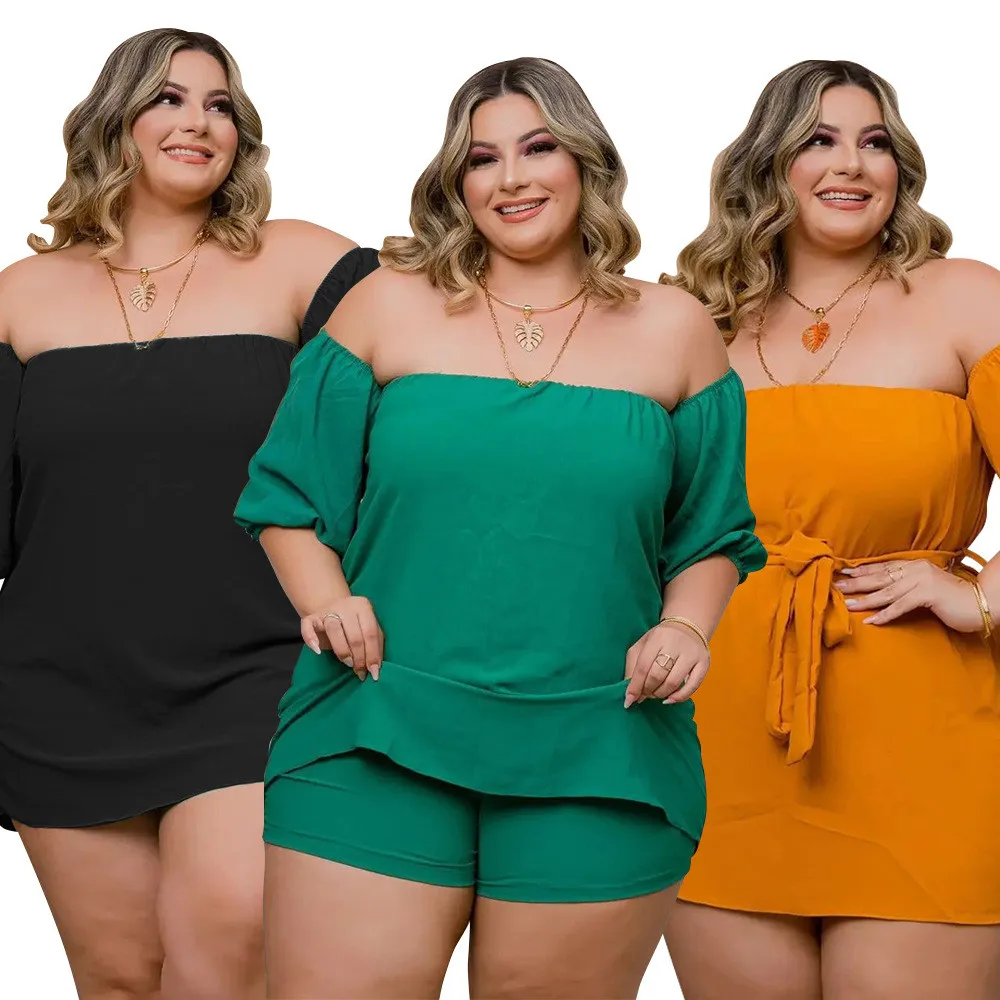 Wmstar Plus Size Women Clothing Shorts Sets Two Piece Solid Off Shoulder Crop Top and Pants Matching Suit Wholesale Dropshipping