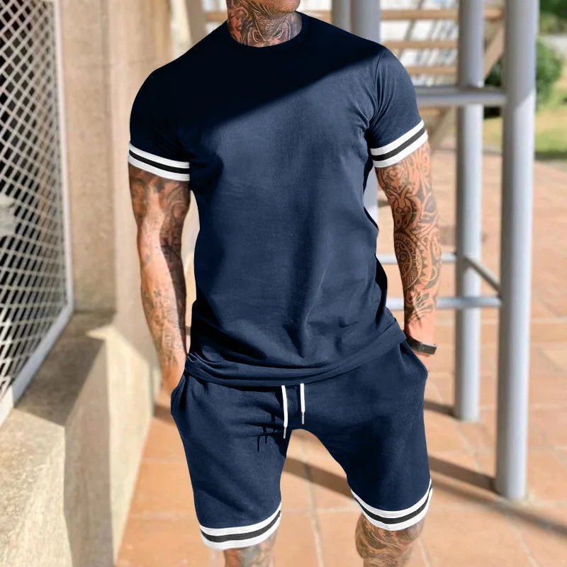 Summer New Men 2 Piece Set Tracksuits Casual Fashion Short Sleeves T-shirt+shorts Pants Suits Mens Clothing Breathable Outfit