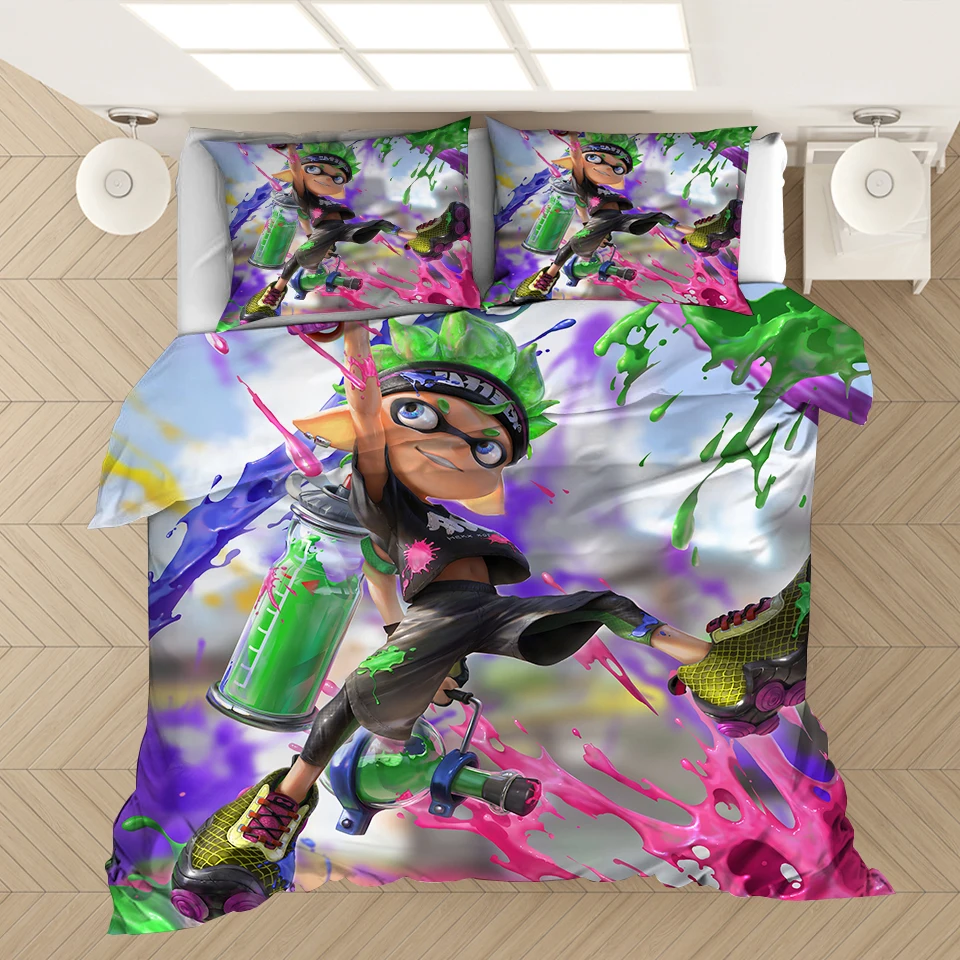 

3D Printed Cartoon Game Bedding Set Kids Popular Splatoon Duvet Covers Pillowcases Comforter Bedding Set Bedclothes Bed Linen