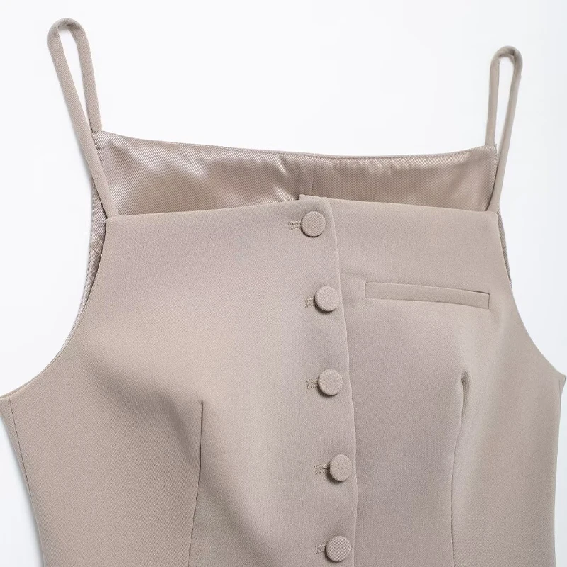 Willshela Women Fashion Khaki Single Breasted Cropped Tank Tops Vintage Thin Straps Square Collar Female Chic Lady Crop Top