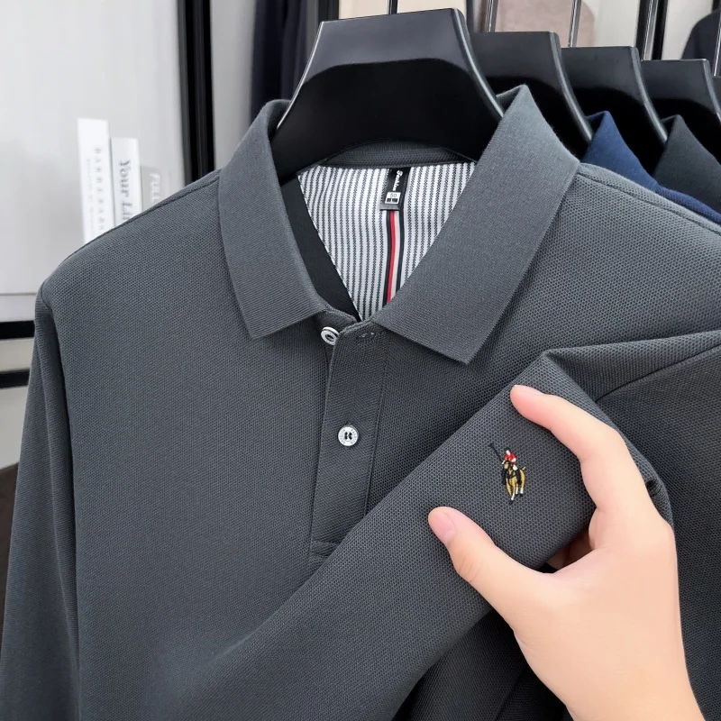 

100% pure cotton high-end brand men's long sleeved polo shirt autumn fashion new item Spurs embroidery golf top casual T-shirt