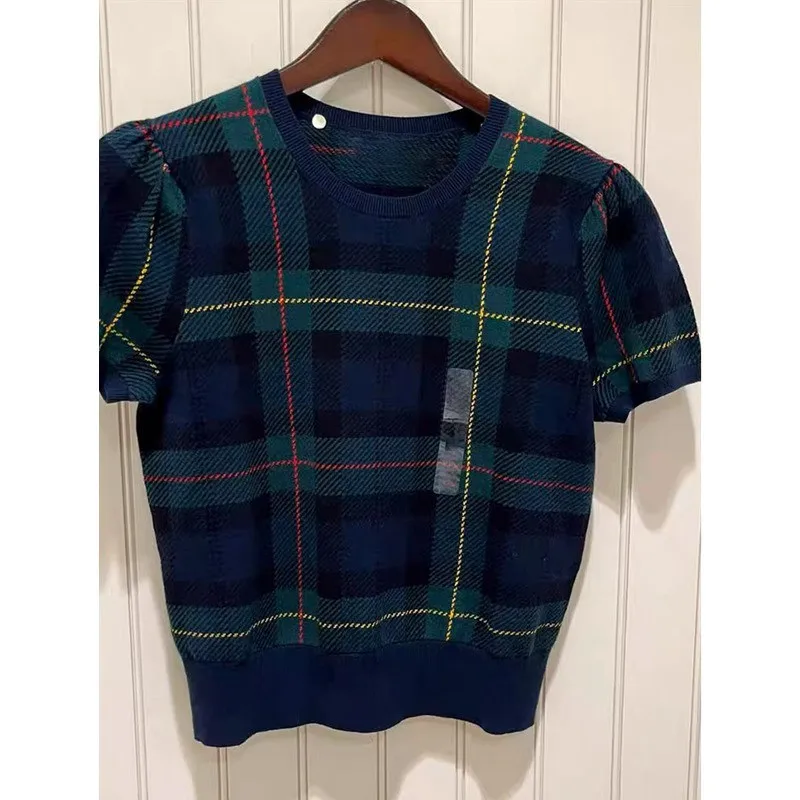 Delightful Knitted Summer Top for Women in Pretty Plaid Design Short Sleeve Regular Length Casual Wear Non-Cotton Material
